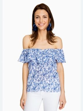 Rebecca Taylor blue and white floral ruffle blouse